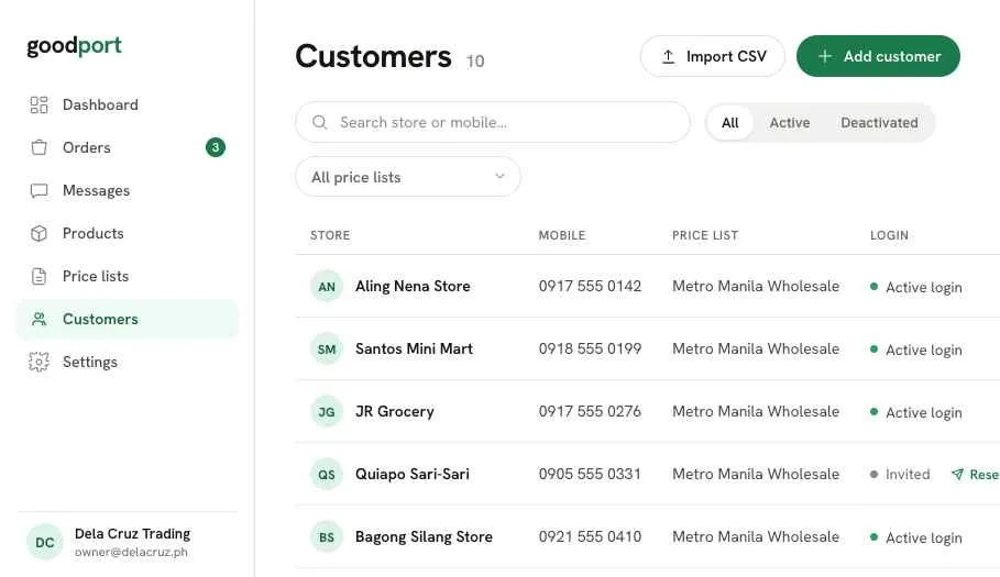 Customers screen