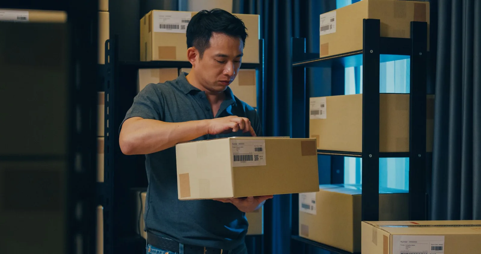 Distributor carrying a boxed order past warehouse shelving